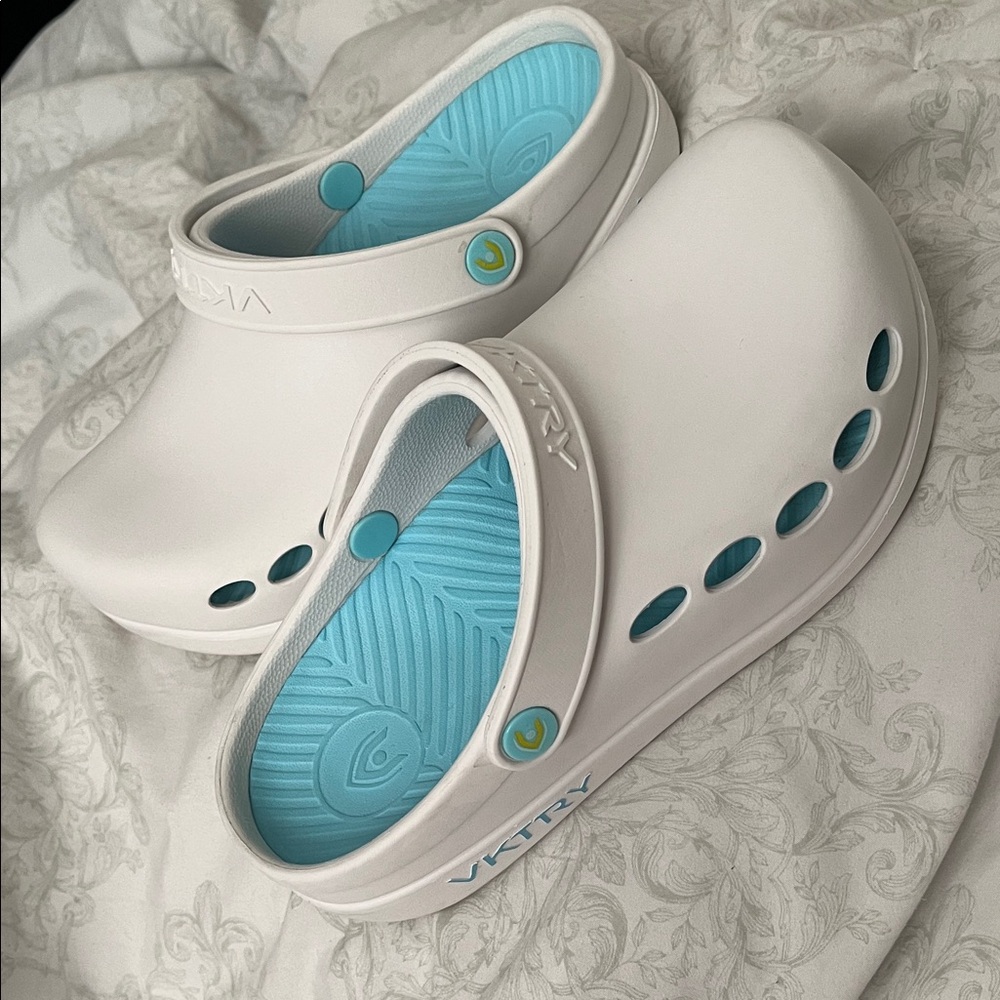 White and Blue VKTRY Clogs